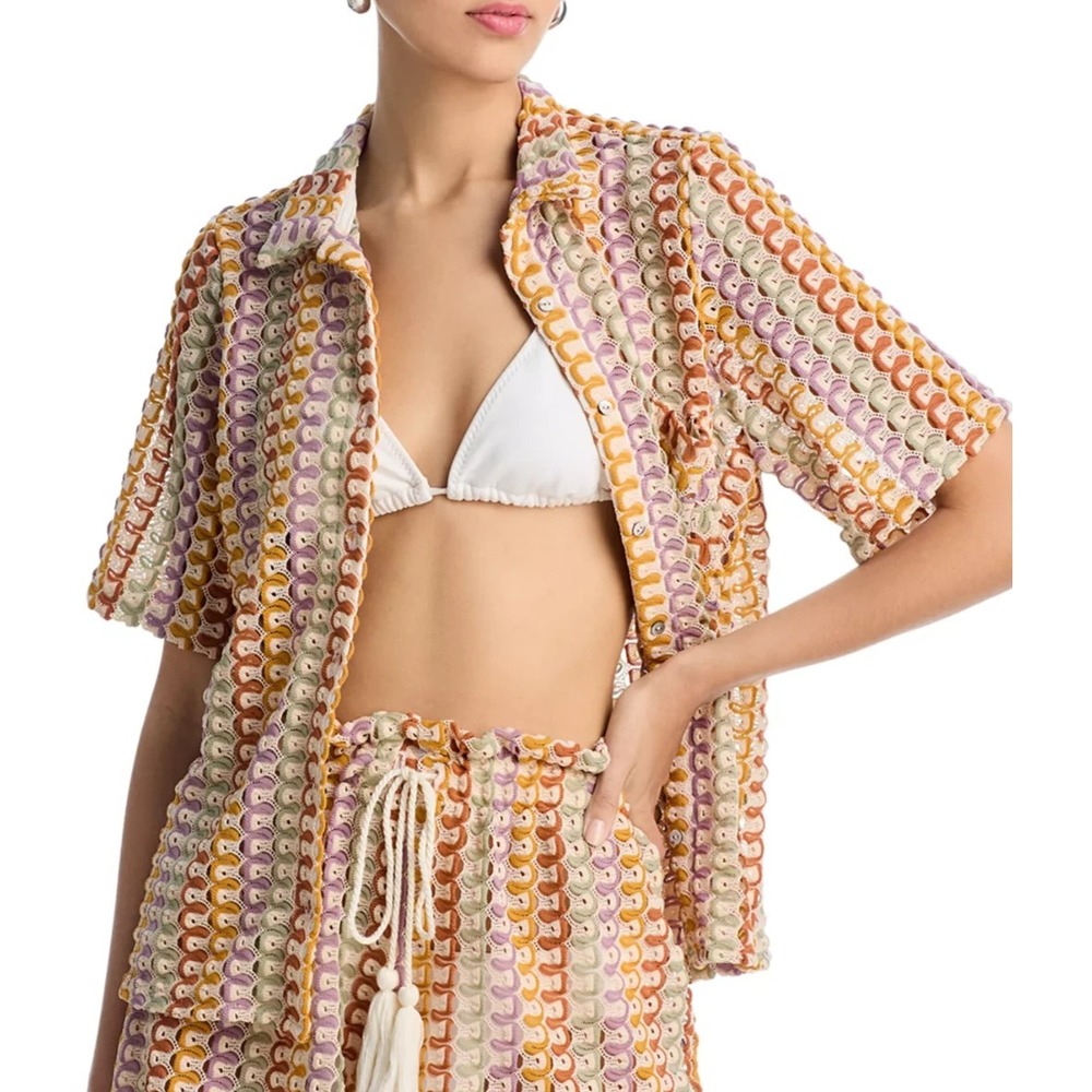 ILLA ILLA Crochet Knit Top Women Medium Multi Color Boho Short Sleeve Button Up